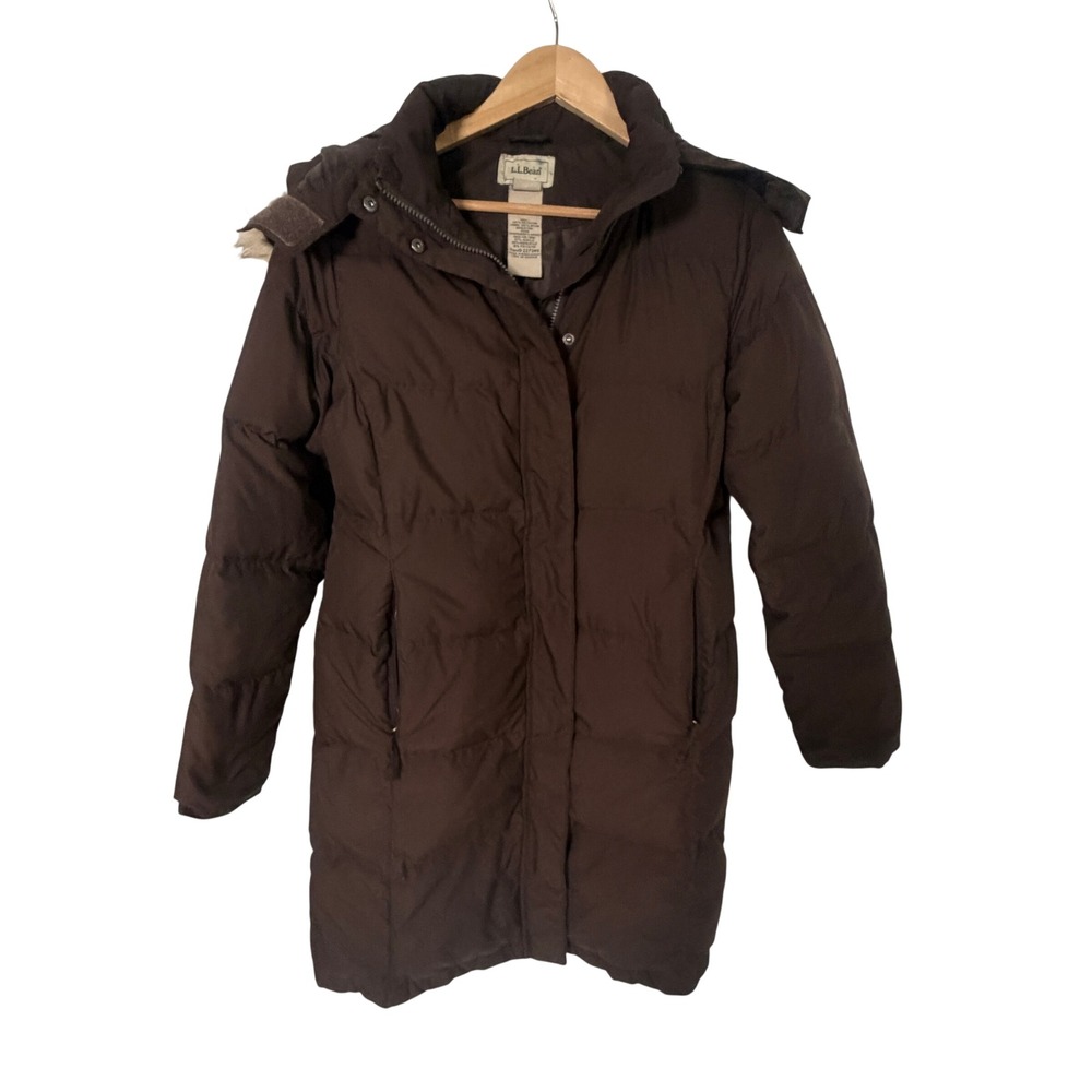 L.L. Bean Down Parka Women Small Brown Good Faux Fur Hood Winter Coat 227260